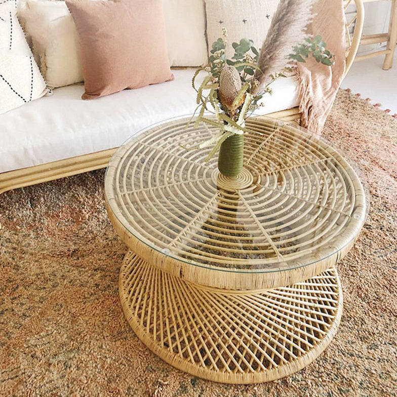 Contemporary Boho Rattan Woven Round Top Hourglass Shape Coffee Table For Living Room