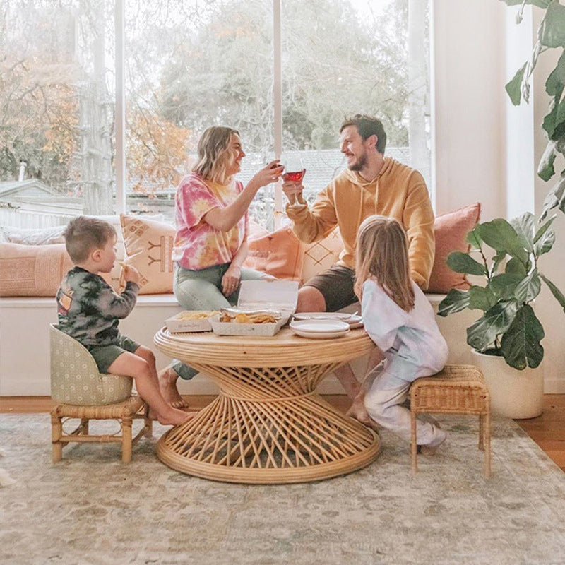 Contemporary Boho Rattan Woven Round Top Hourglass Shape Coffee Table For Living Room