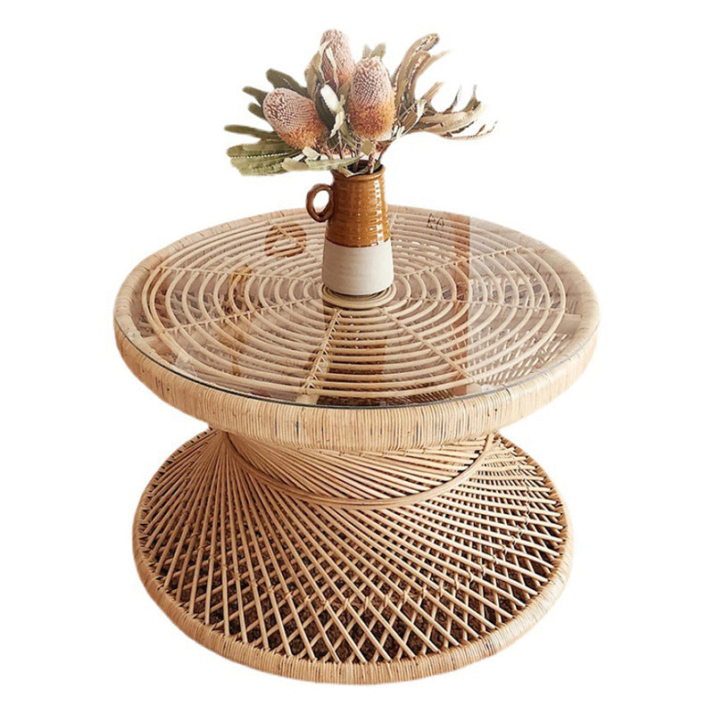 Contemporary Boho Rattan Woven Round Top Hourglass Shape Coffee Table For Living Room