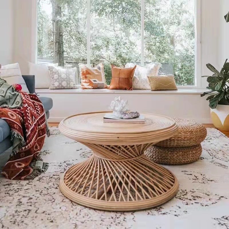 Contemporary Boho Rattan Woven Round Top Hourglass Shape Coffee Table For Living Room