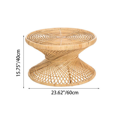 Contemporary Boho Rattan Woven Round Top Hourglass Shape Coffee Table For Living Room