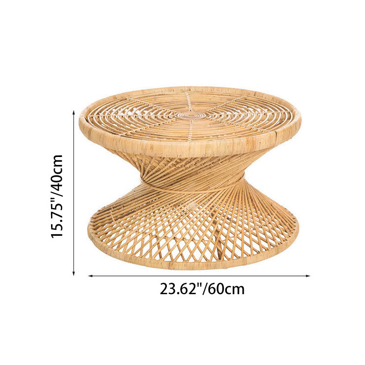 Contemporary Boho Rattan Woven Round Top Hourglass Shape Coffee Table For Living Room