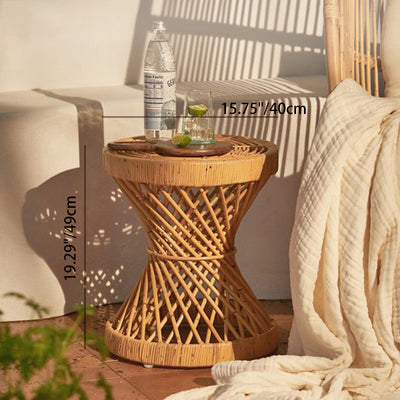 Contemporary Boho Rattan Woven Round Top Hourglass Shape Coffee Table For Living Room