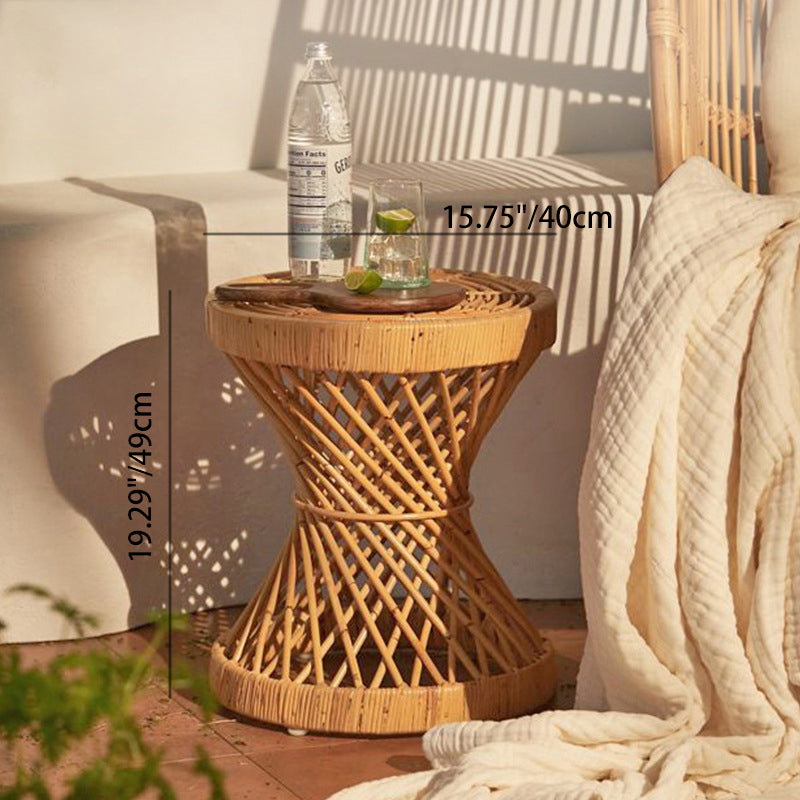 Contemporary Boho Rattan Woven Round Top Hourglass Shape Coffee Table For Living Room