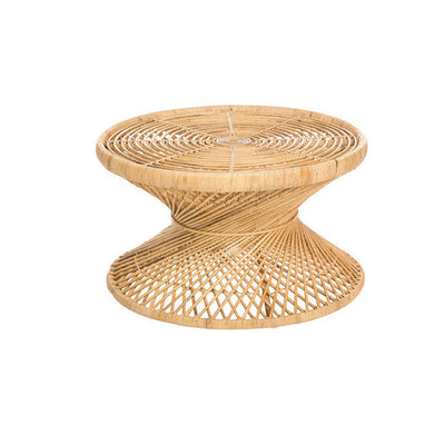 Contemporary Boho Rattan Woven Round Top Hourglass Shape Coffee Table For Living Room