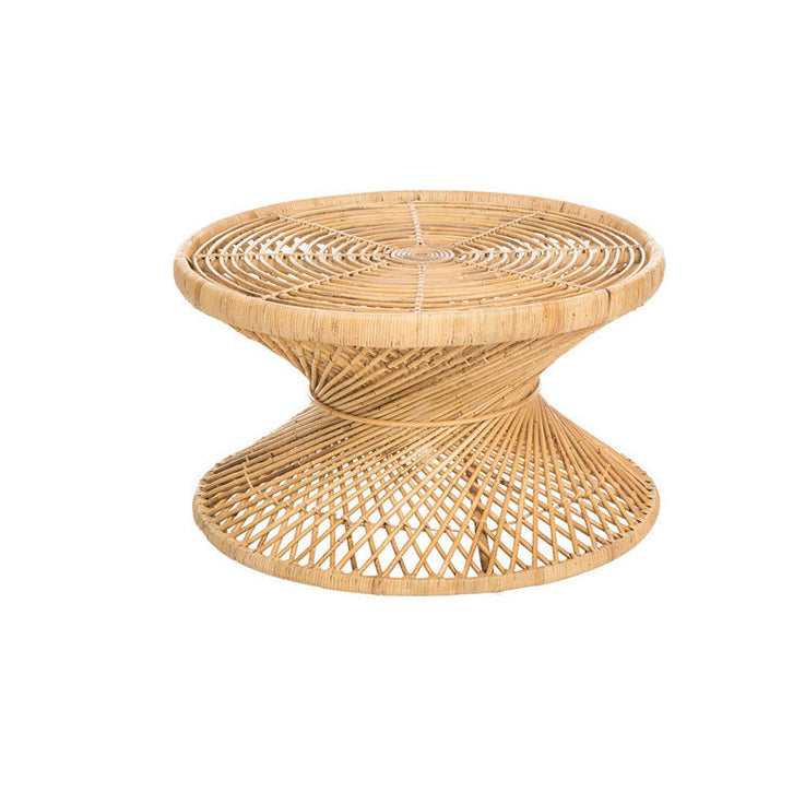 Contemporary Boho Rattan Woven Round Top Hourglass Shape Coffee Table For Living Room