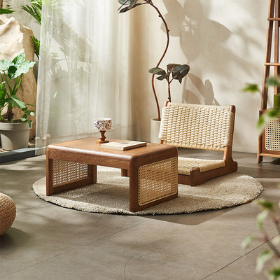 Traditional Japanese Tatami Rattan Solid Wood Frame Rectangular Coffee Table For Living Room