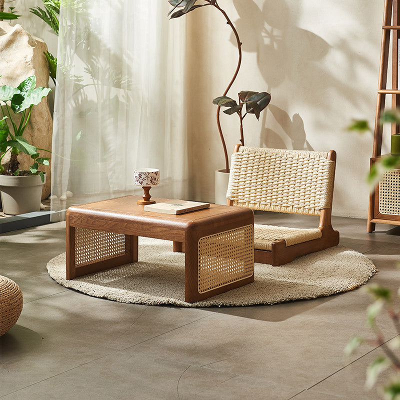 Traditional Japanese Tatami Rattan Solid Wood Frame Rectangular Coffee Table For Living Room