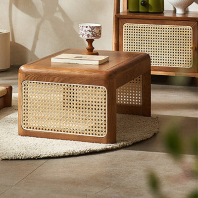 Traditional Japanese Tatami Rattan Solid Wood Frame Rectangular Coffee Table For Living Room
