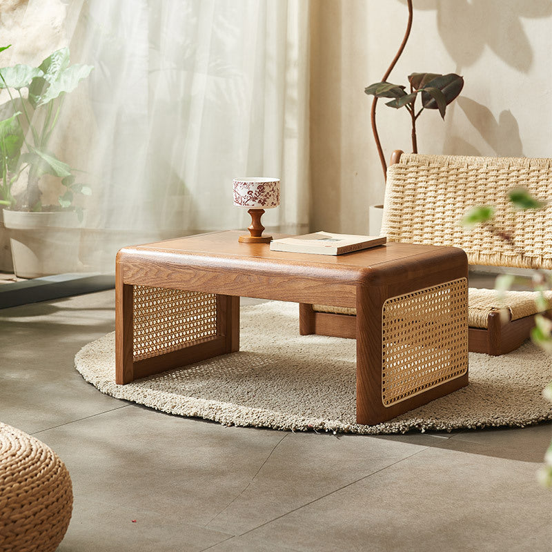 Traditional Japanese Tatami Rattan Solid Wood Frame Rectangular Coffee Table For Living Room