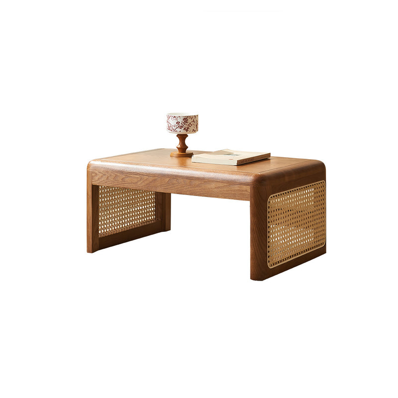 Traditional Japanese Tatami Rattan Solid Wood Frame Rectangular Coffee Table For Living Room