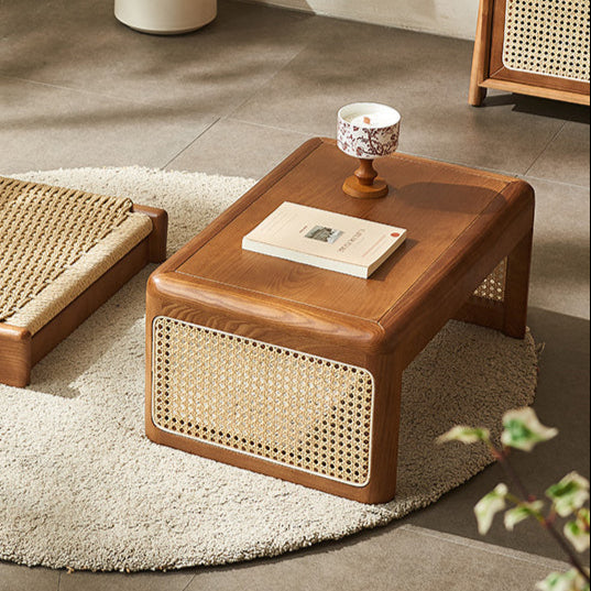 Traditional Japanese Tatami Rattan Solid Wood Frame Rectangular Coffee Table For Living Room