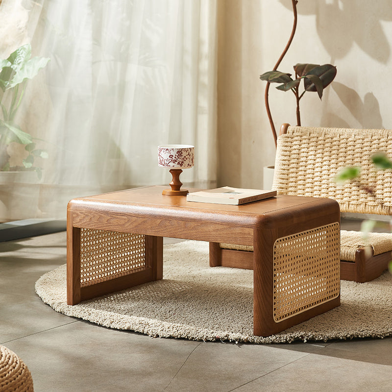 Traditional Japanese Tatami Rattan Solid Wood Frame Rectangular Coffee Table For Living Room
