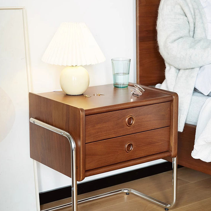 Table de chevet contemporaine rétro rectangulaire en chêne, cadre en acier inoxydable, 2 tiroirs pour chambre à coucher 