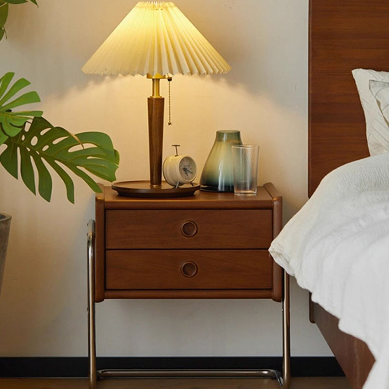 Table de chevet contemporaine rétro rectangulaire en chêne, cadre en acier inoxydable, 2 tiroirs pour chambre à coucher 