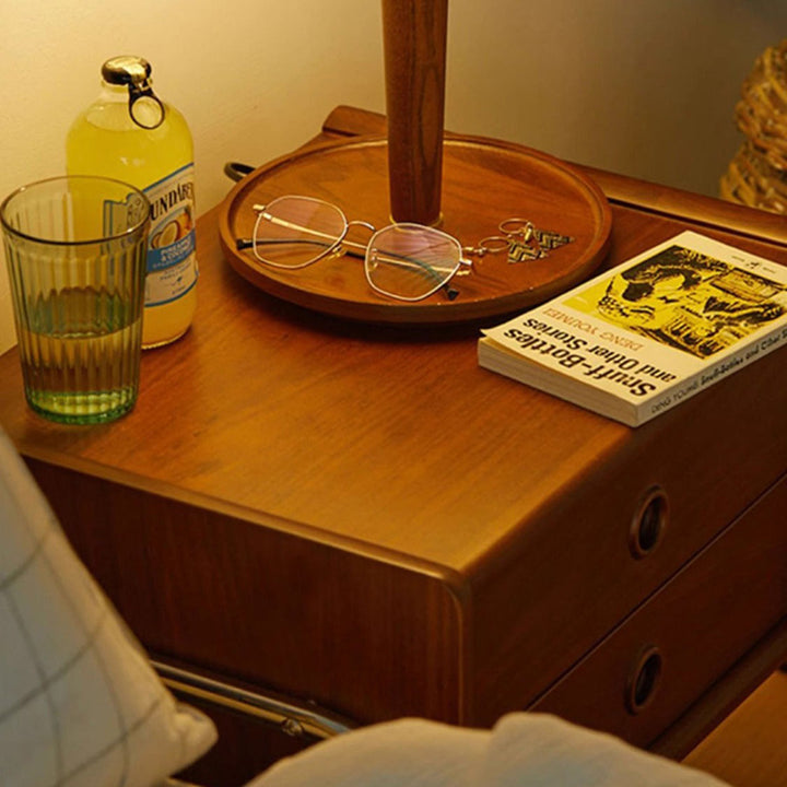 Table de chevet contemporaine rétro rectangulaire en chêne, cadre en acier inoxydable, 2 tiroirs pour chambre à coucher 