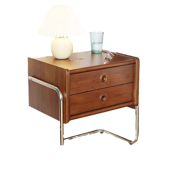 Table de chevet contemporaine rétro rectangulaire en chêne, cadre en acier inoxydable, 2 tiroirs pour chambre à coucher 