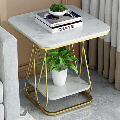 Table d'appoint carrée en pierre frittée à simplicité contemporaine avec cadre en métal et étagères de rangement à 2 niveaux pour le salon 