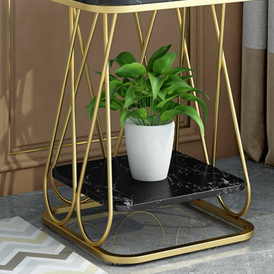 Table d'appoint carrée en pierre frittée à simplicité contemporaine avec cadre en métal et étagères de rangement à 2 niveaux pour le salon 