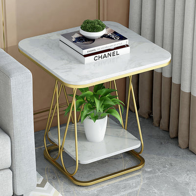Table d'appoint carrée en pierre frittée à simplicité contemporaine avec cadre en métal et étagères de rangement à 2 niveaux pour le salon 