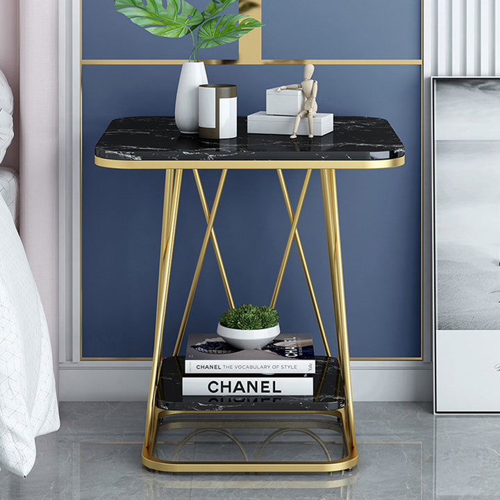 Contemporary Simplicity Square Sintered Stone Top Iron Frame End Table 2-Tier Storage Shelves For Living Room