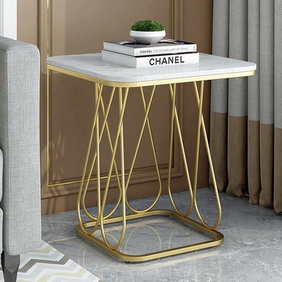 Table d'appoint carrée en pierre frittée à simplicité contemporaine avec cadre en métal et étagères de rangement à 2 niveaux pour le salon 