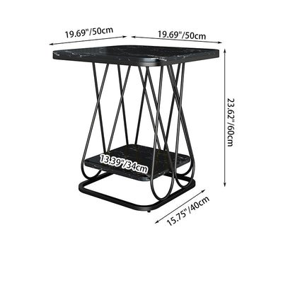 Table d'appoint carrée en pierre frittée à simplicité contemporaine avec cadre en métal et étagères de rangement à 2 niveaux pour le salon 