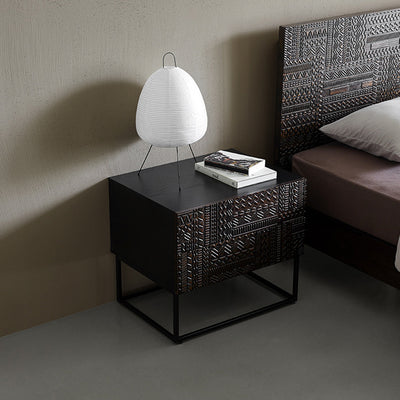 Mesita de noche cuboide de madera maciza con tallado de simplicidad contemporánea de 2 cajones para dormitorio 