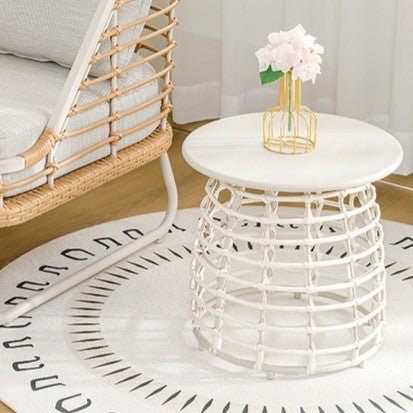Contemporary Boho Round Top Openwork Carbon Steel Base Side Table For Living Room