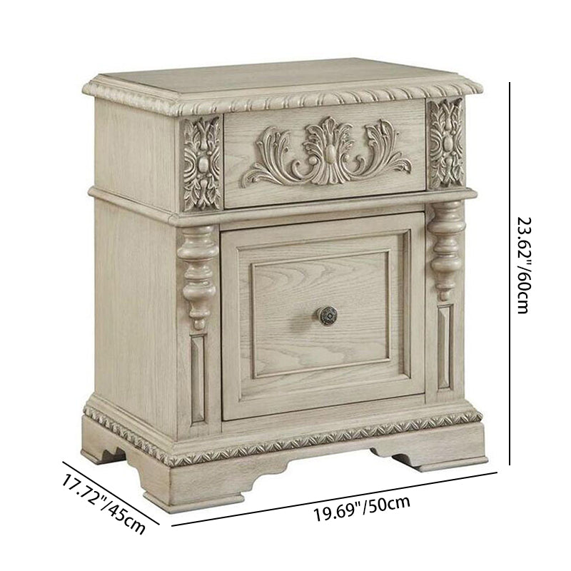 Mesita de noche cuboide de madera maciza europea tradicional con 2 cajones para dormitorio 