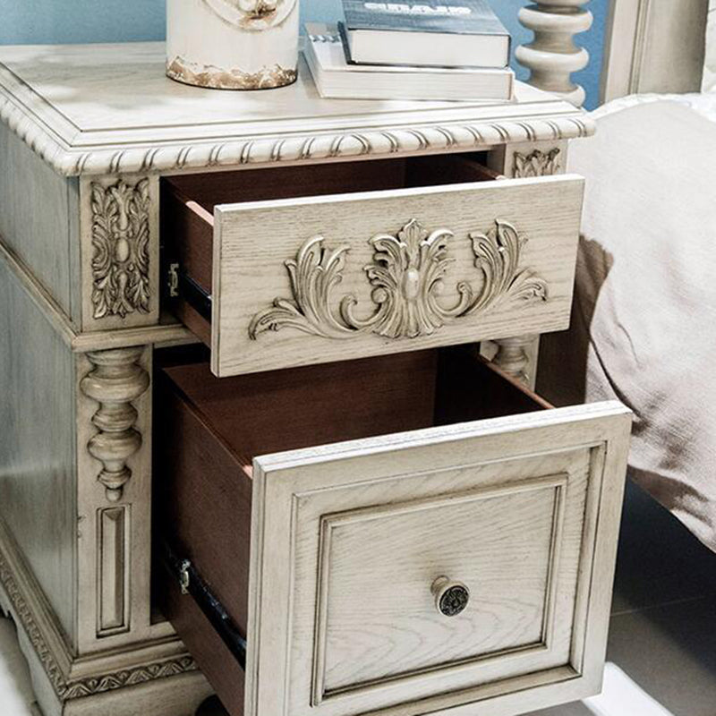 Mesita de noche cuboide de madera maciza europea tradicional con 2 cajones para dormitorio 