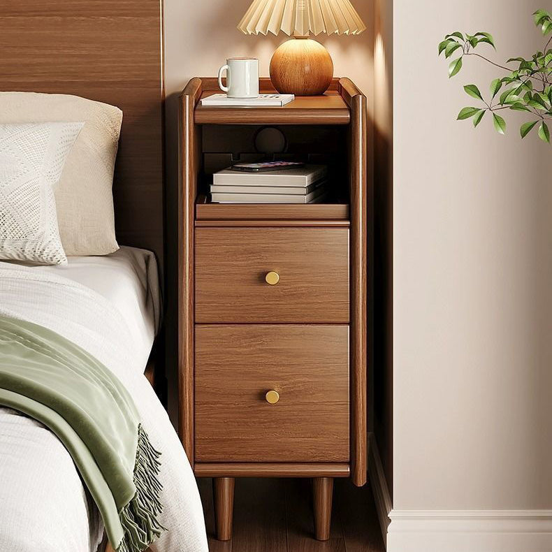 Simplicidad contemporánea mesita de noche rectangular de madera maciza ultra-estrecha, gabinete ahorrador de espacio con 2 cajones para dormitorio 