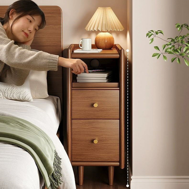 Simplicidad contemporánea mesita de noche rectangular de madera maciza ultra-estrecha, gabinete ahorrador de espacio con 2 cajones para dormitorio 