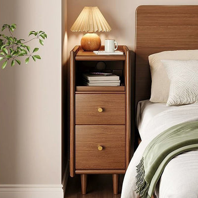 Simplicidad contemporánea mesita de noche rectangular de madera maciza ultra-estrecha, gabinete ahorrador de espacio con 2 cajones para dormitorio 