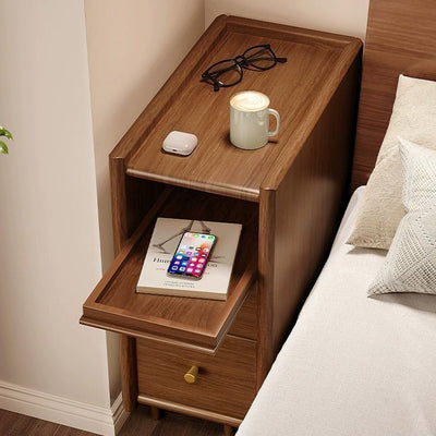 Simplicidad contemporánea mesita de noche rectangular de madera maciza ultra-estrecha, gabinete ahorrador de espacio con 2 cajones para dormitorio 