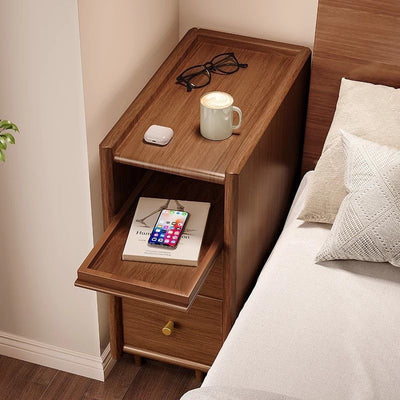 Simplicidad contemporánea mesita de noche rectangular de madera maciza ultra-estrecha, gabinete ahorrador de espacio con 2 cajones para dormitorio 