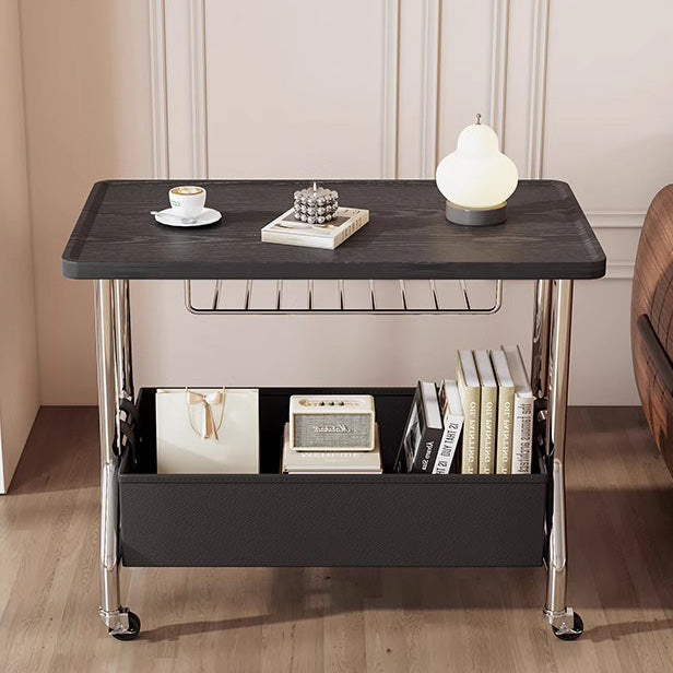 Zeitgenössischer Retro-Rechteckiger Massivholztablett-Top PU-Lederkorb Edelstahl-Beistelltisch 2-stufiger Rollwagen für das Wohnzimmer 
