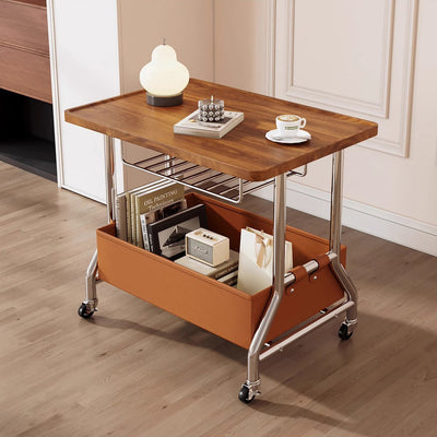 Zeitgenössischer Retro-Rechteckiger Massivholztablett-Top PU-Lederkorb Edelstahl-Beistelltisch 2-stufiger Rollwagen für das Wohnzimmer 