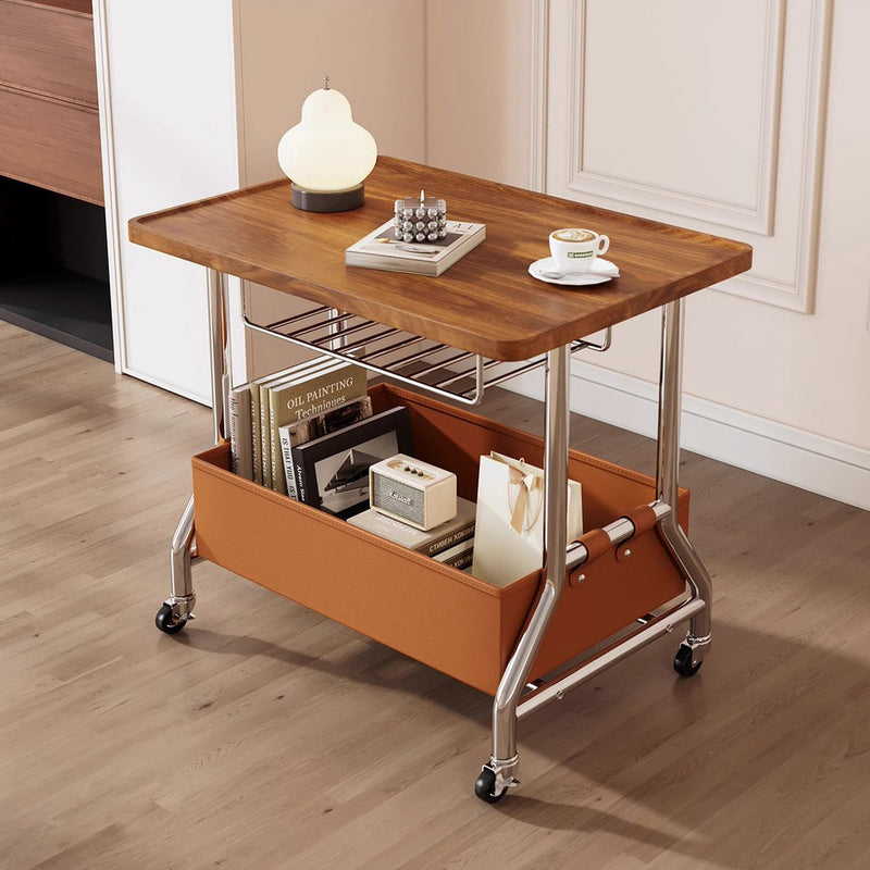Zeitgenössischer Retro-Rechteckiger Massivholztablett-Top PU-Lederkorb Edelstahl-Beistelltisch 2-stufiger Rollwagen für das Wohnzimmer 