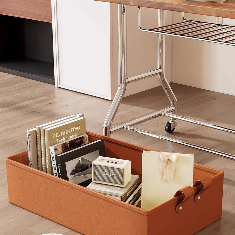 Zeitgenössischer Retro-Rechteckiger Massivholztablett-Top PU-Lederkorb Edelstahl-Beistelltisch 2-stufiger Rollwagen für das Wohnzimmer 