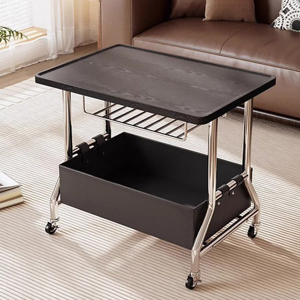 Zeitgenössischer Retro-Rechteckiger Massivholztablett-Top PU-Lederkorb Edelstahl-Beistelltisch 2-stufiger Rollwagen für das Wohnzimmer 