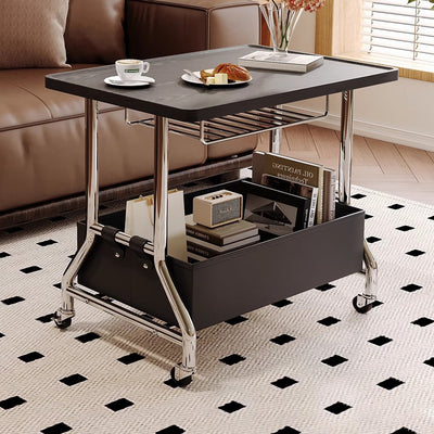 Zeitgenössischer Retro-Rechteckiger Massivholztablett-Top PU-Lederkorb Edelstahl-Beistelltisch 2-stufiger Rollwagen für das Wohnzimmer 