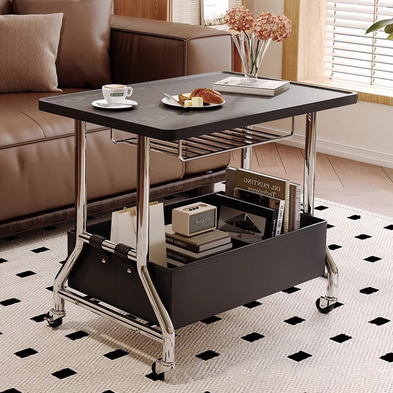 Zeitgenössischer Retro-Rechteckiger Massivholztablett-Top PU-Lederkorb Edelstahl-Beistelltisch 2-stufiger Rollwagen für das Wohnzimmer 