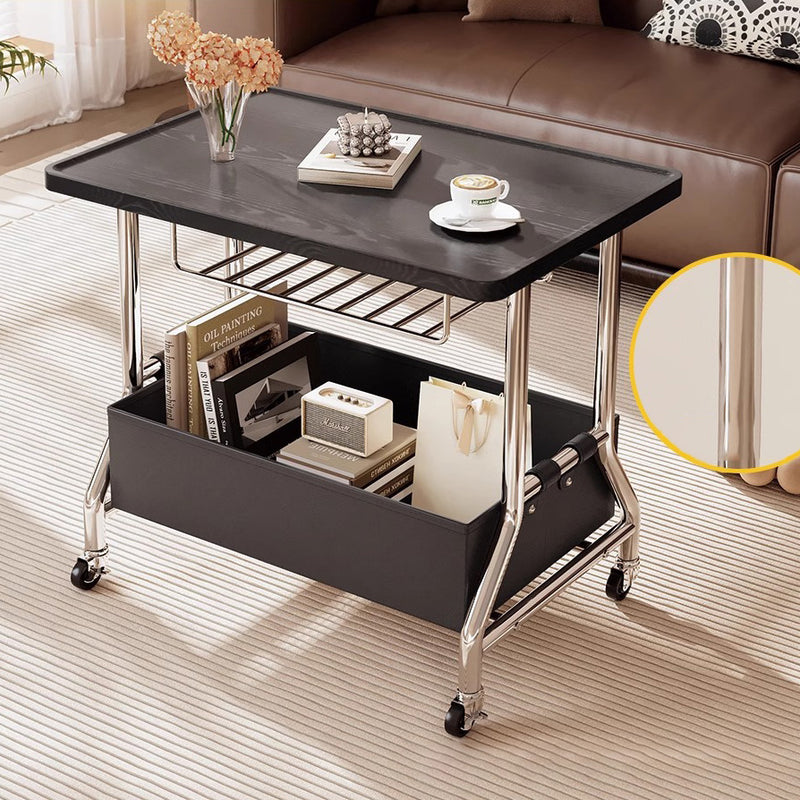 Zeitgenössischer Retro-Rechteckiger Massivholztablett-Top PU-Lederkorb Edelstahl-Beistelltisch 2-stufiger Rollwagen für das Wohnzimmer 