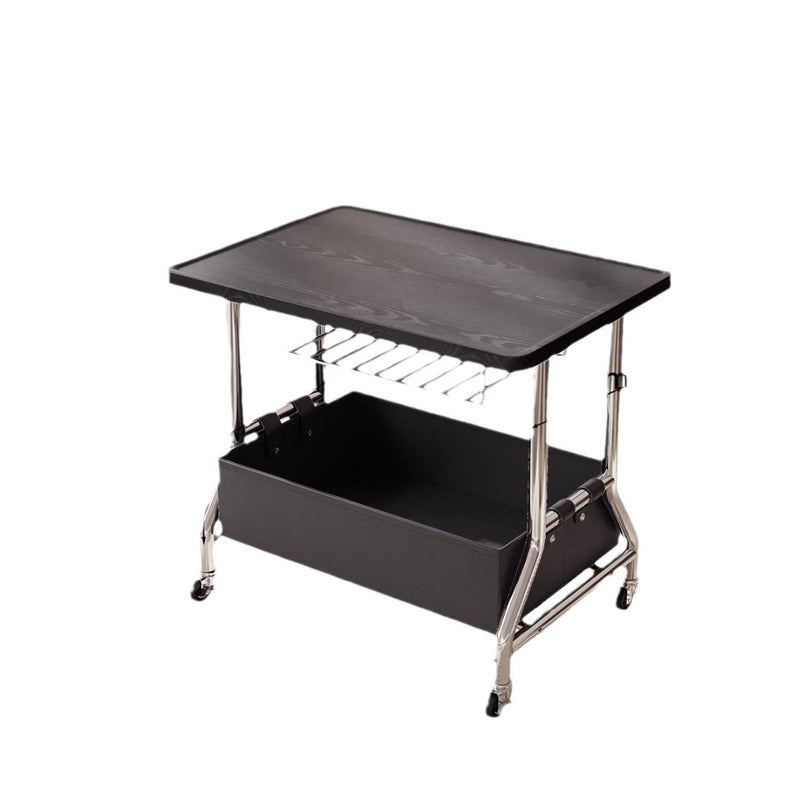 Zeitgenössischer Retro-Rechteckiger Massivholztablett-Top PU-Lederkorb Edelstahl-Beistelltisch 2-stufiger Rollwagen für das Wohnzimmer 