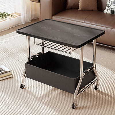 Zeitgenössischer Retro-Rechteckiger Massivholztablett-Top PU-Lederkorb Edelstahl-Beistelltisch 2-stufiger Rollwagen für das Wohnzimmer 