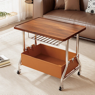 Zeitgenössischer Retro-Rechteckiger Massivholztablett-Top PU-Lederkorb Edelstahl-Beistelltisch 2-stufiger Rollwagen für das Wohnzimmer 