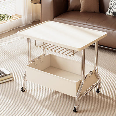 Zeitgenössischer Retro-Rechteckiger Massivholztablett-Top PU-Lederkorb Edelstahl-Beistelltisch 2-stufiger Rollwagen für das Wohnzimmer 