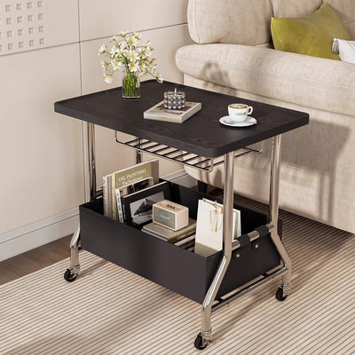 Zeitgenössischer Retro-Rechteckiger Massivholztablett-Top PU-Lederkorb Edelstahl-Beistelltisch 2-stufiger Rollwagen für das Wohnzimmer 