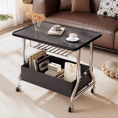 Zeitgenössischer Retro-Rechteckiger Massivholztablett-Top PU-Lederkorb Edelstahl-Beistelltisch 2-stufiger Rollwagen für das Wohnzimmer 